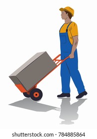 isolated illustration of a worker with a cart, drawing, white background