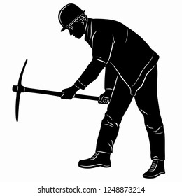 isolated illustration of a worker with a pickaxe, black and white drawing, white background