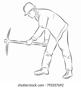 isolated illustration of a worker with a pickaxe, black and white drawing, white background