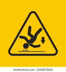 Einzige Illustration eines gelben Dreiecksmannes, der von hoher Oberfläche fällt, mit Kopfverletzung, für die Höhe fallen Gefahrenzeichen
