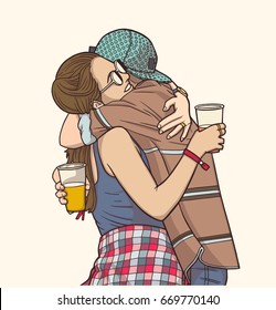 Isolated illustration of young couple hugging and holding plastic cups at festival in color