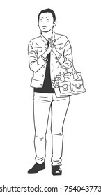 Isolated illustration of young female in casual outfit holding bag with hands put together in black and white