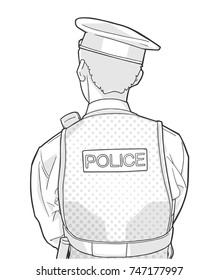 Isolated illustration of young male police officer wearing uniform and standing with his back in black and white