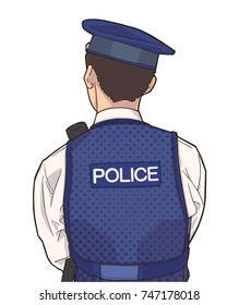 Isolated illustration of young male police officer wearing uniform and standing with his back in color 