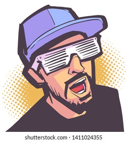 Isolated illustration of young man smiling with beard wearing glasses and baseball hat