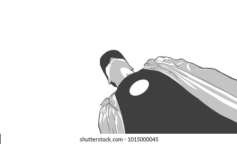 Isolated illustration of young man wearing baseball hat from low angle view in black and white

