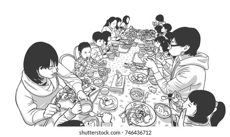 Isolated illustration of young mothers with children talking and having dinner at restaurant in black and white