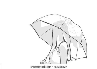 Isolated illustration of young woman holding umbrella in the rain and looking backwards in black and white