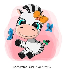 Isolated illustration of a zebra on a pink background that catches butterflies. Vector images of a zebra are made in a cartoon style using bright colors.