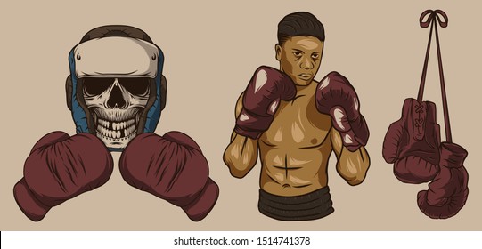 Isolated illustrations of boxer, boxing gloves and dead boxer.