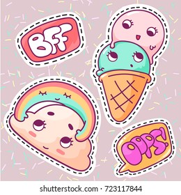 Isolated illustrations - great for stickers, embroidery, badges. Cool patch set in pop art style. 90s patch badges and pins with cartoon ice cream, cloud and rainbow.