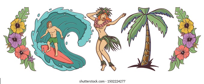 Isolated illustrations of hawaiian vegetation, dancing girl and men on surfing board.