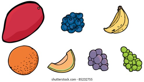 Isolated illustrations of mango, blueberries, bananas, orange, cantaloupe slice and grape on white