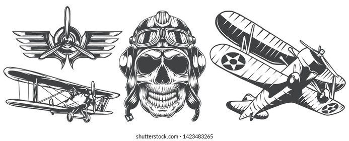 Isolated illustrations set of airplane, propeller, wings and pilot skull. Black and white illustration.