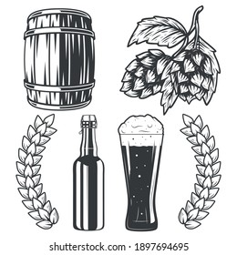 Isolated illustrations set - beer bottle, mug, barrel and hop