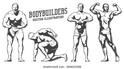 Isolated illustrations set of bodybuilders in heroic poses. Black and white illustration.