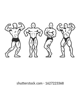 Isolated illustrations set of bodybuilders in heroic poses. Black and white illustration.