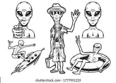 Isolated illustrations set. Cute aliens on vacation, rocket and rubber ring