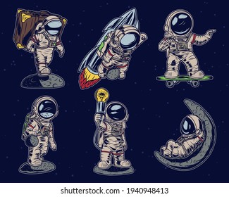 Isolated illustrations set of different astronauts: with suitcase, on the rocket, on the skateboard, playing planet ball, with lamp and lying on the moon.