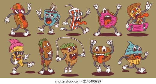 Ilustraciones aisladas conjunto de personajes de comida - hot dog, taza de café, taza de soda, donut, pizza, helado, sandwich, shawarma, hamburguesa y quequitos