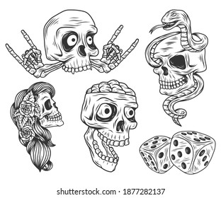 Isolated illustrations set - funny skulls and dice