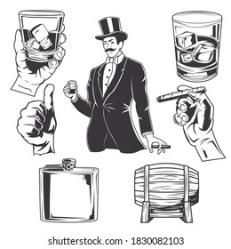 Isolated illustrations set of gentlemen, wiskey glasses, cigar, hands, barrel and flask