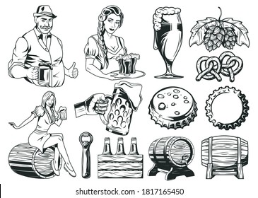 Isolated illustrations set of Man, woman, beer mug, beer bottle cap, hop, pretzel, barrels, beer bottles and beer opener.