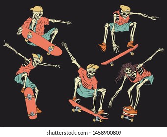 Isolated illustrations set of the skeletons on the skateboard. Color illustration on dark background.