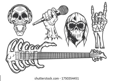 Isolated illustrations set. Skull in bandana and hoodie, skull with headphones, zombie hand with microphone, skeleton hand