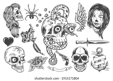 Isolated illustrations set - skulls, girl face, tattoo machine, knife, heart, spider, anchor, wing and rose.