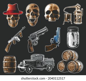 Isolated illustrations set - skulls, gun, pistols, moonshine jar, bootlegger's truck, distiller, barrels