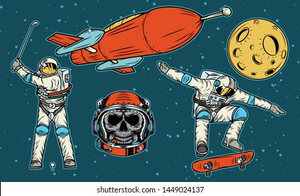 Isolated illustrations set of the spaceship, the astronaut playing golf, the astronaut skull in the helmet and the astronaut on the skateboard. Color illustration on space background.