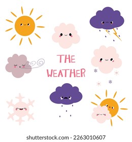 Isolated illustrations of sun,clouds,snowflake.  Weather study card for kids