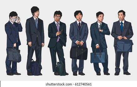 Isolated illustrations of young asian office workers wearing suits in color