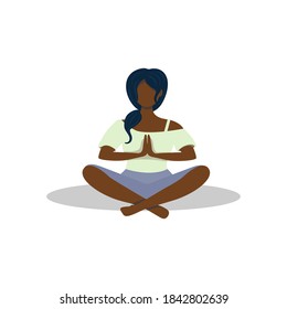 An isolated image of an African American girl in the lotus position. Template for advertising spiritual practices, meditation, yoga. Vector graphics.