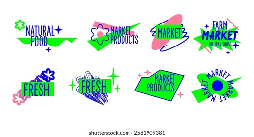 An isolated image in the background. Vector graphics. Illustration of a healthy diet. A set of different food labels. Trendy modern graphics in geometric style. Youth illustration.