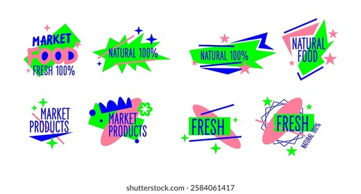 An isolated image in the background. Vector graphics. Illustration of a healthy diet. A set of different food labels. Trendy modern graphics in geometric style. Youth illustration.