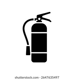 Imagem isolada de um ícone de extintor de incêndio preto e branco contra um fundo branco, ideal para uso em placas de segurança ou gráficos de identificação de risco.