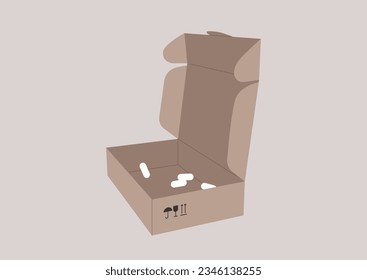 Imagen aislada de una caja de cartón con solapas desplegadas, servicio de entrega