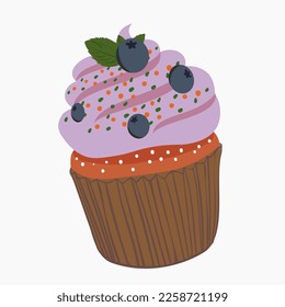 isolated image of chocolate muffin with blueberry cream. cupcake decorated with blueberry berries and a leaf.color vector illustration in flat style.