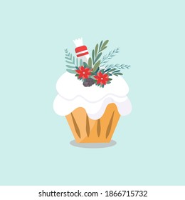 Isolated image of a Christmas muffin. The pastries are decorated with white icing, wrapped marzipan, flowers and small plants. Vector illustration.