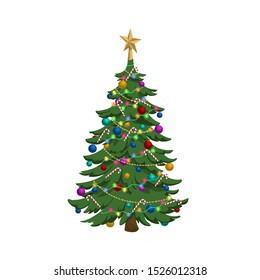 Isolated image of christmas tree. Holiday fir in cartoon style. Isometric view of pine with star. Symbol of New Year. Vector illustration