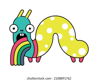 Isolated image of a cute worm that is sick of a rainbow. Funny cartoon monster on a white background. Vector illustration.