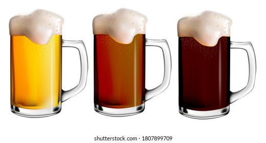 

Isolated image of different types of beer with foam. Realistic vector illustration of glass mugs with beer. Holiday Oktoberfest.