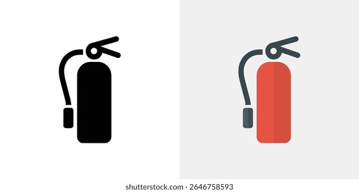 A imagem isolada exibe dois ícones de extintor de incêndio. Uma é uma silhueta preta sólida, a outra um extintor de incêndio vermelho com uma mangueira cinza escura, sobre branco.