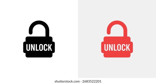 Isolated image displays an unlock icon in black and red, each with the word UNLOCK on its body, set against white backgrounds. Simple, modern and direct.