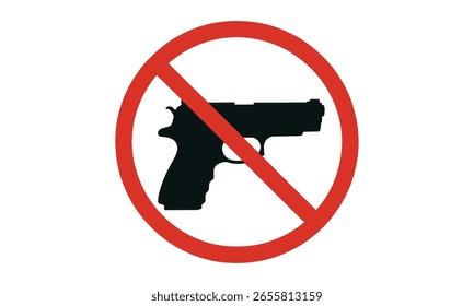 Uma imagem isolada apresenta uma silhueta de pistola preta posicionada centralmente dentro de um círculo vermelho marcante contra um fundo branco limpo, simbolizando a proibição.