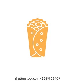 A imagem isolada apresenta uma tortilha preenchida amarela com molho e recheios envoltos em uma forma de burrito com um fundo transparente.