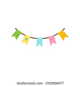 isolated image of festive garland. Multi-colored bright flags. Design element for holiday paraphernalia, postcards. Vector illustration.