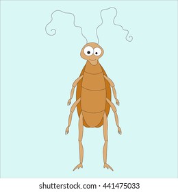 Isolated image of funny cockroach standing upright with long antennae and large eyes on a blue background